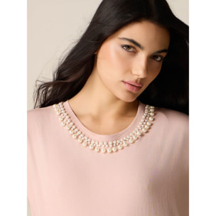 Oltre - T-shirt in cotone con perle - Rosa