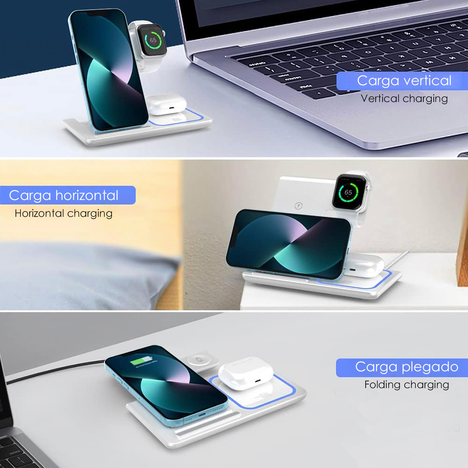 Base di ricarica wireless pieghevole 3 in 1. Base Qi da 15 W a doppia posizione, caricabatterie per Apple Watch e base Qi. Con luce ambientale blu. Funzione supporto.