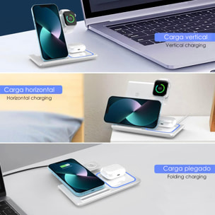 Base di ricarica wireless pieghevole 3 in 1. Base Qi da 15 W a doppia posizione, caricabatterie per Apple Watch e base Qi. Con luce ambientale blu. Funzione supporto.