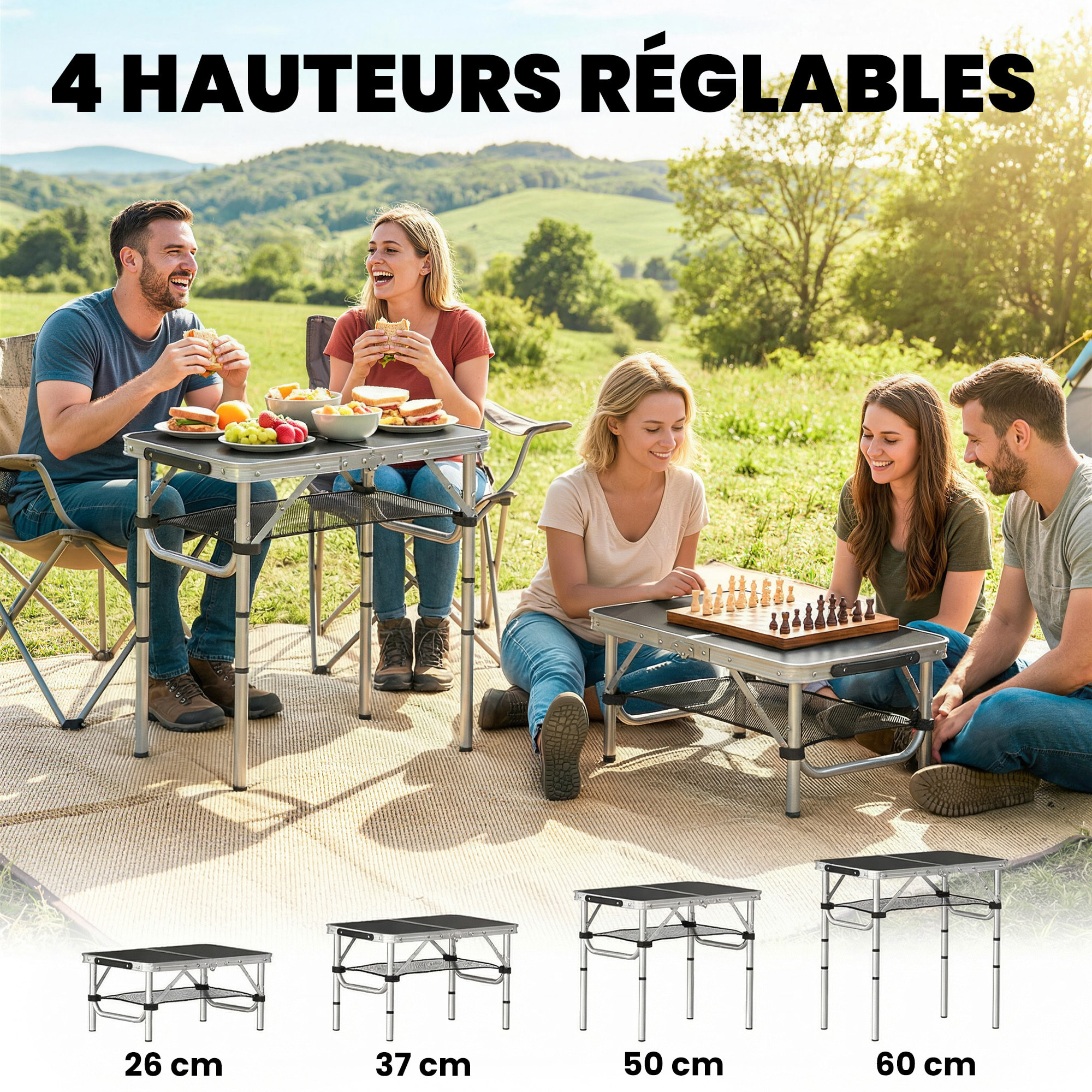 Table de camping pliable réglable alu noir avec rangement filet