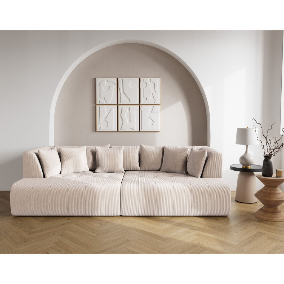 Onyx - canapé droit 4 places avec double méridienne - assise profonde - en velours côtelé - Beige