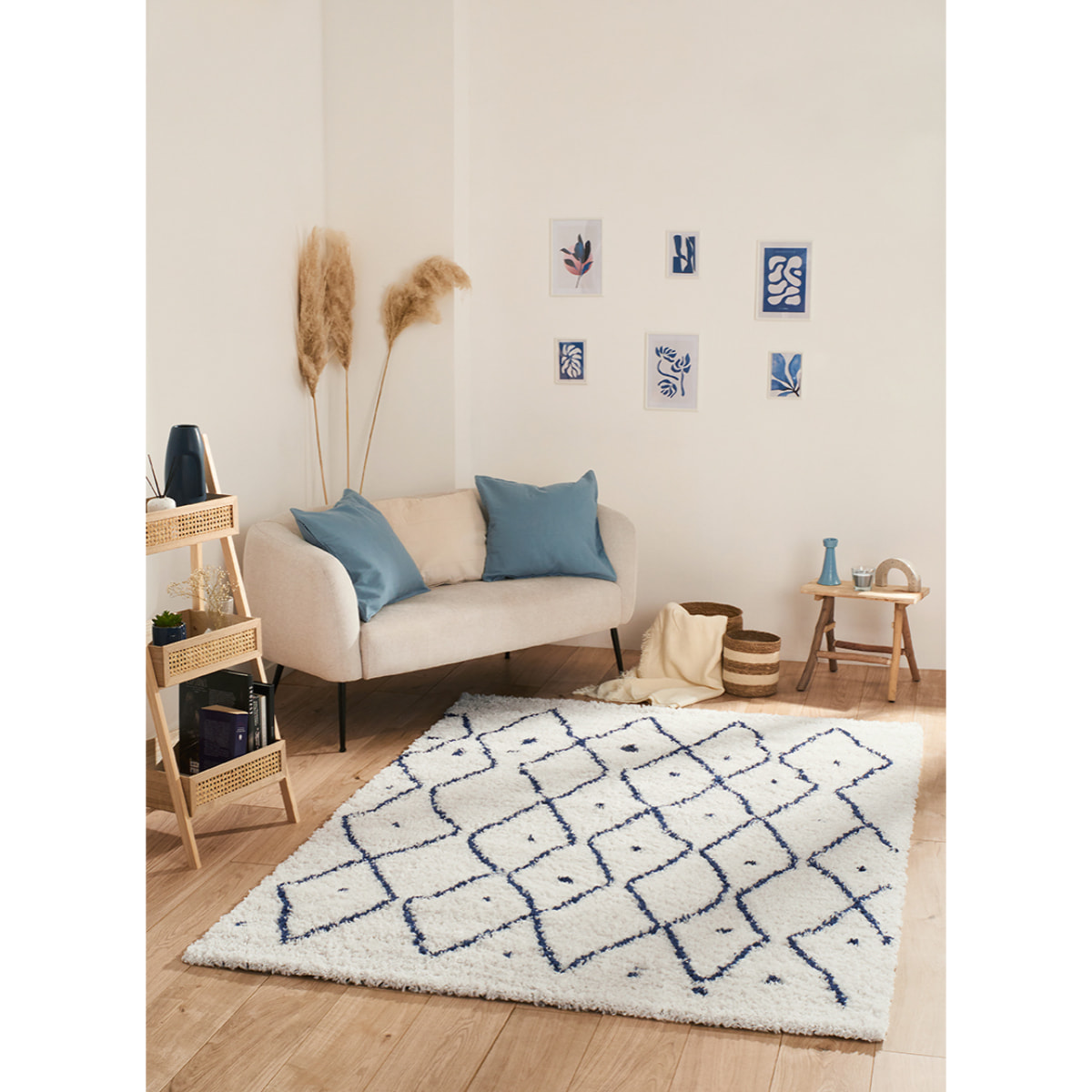 Terra - tapis shaggy de salon en laine artificielle bleu indigo