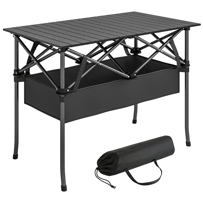 Mesa Plegable Camping, 93x55x68 cm, Mesa Plegable Portátil con Red de Almacenamiento, Encimera Enrollable de Aluminio, Marco Metálico, Bolsa de Transporte, para Acampar, Senderismo, Negro