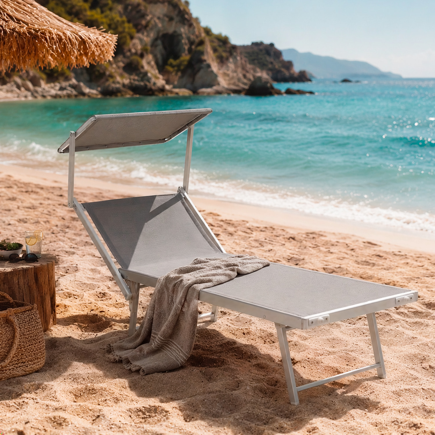 Lettino Prendisole Pieghevole Professionale in Alluminio e Tessuto Textilene Tettuccio Orientabile Parasole Sdraio Mare Spiaggia 182x60x38 cm Grigio