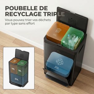 Poubelle de cuisine 2 x 18L + 20L - poubelle à pédale 3 compartiments seaux amovibles filtre anti-odeur - acier inox. noir