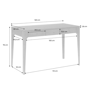 Bureau bois d'hévéa placage frêne 3 tiroirs SIDONIE