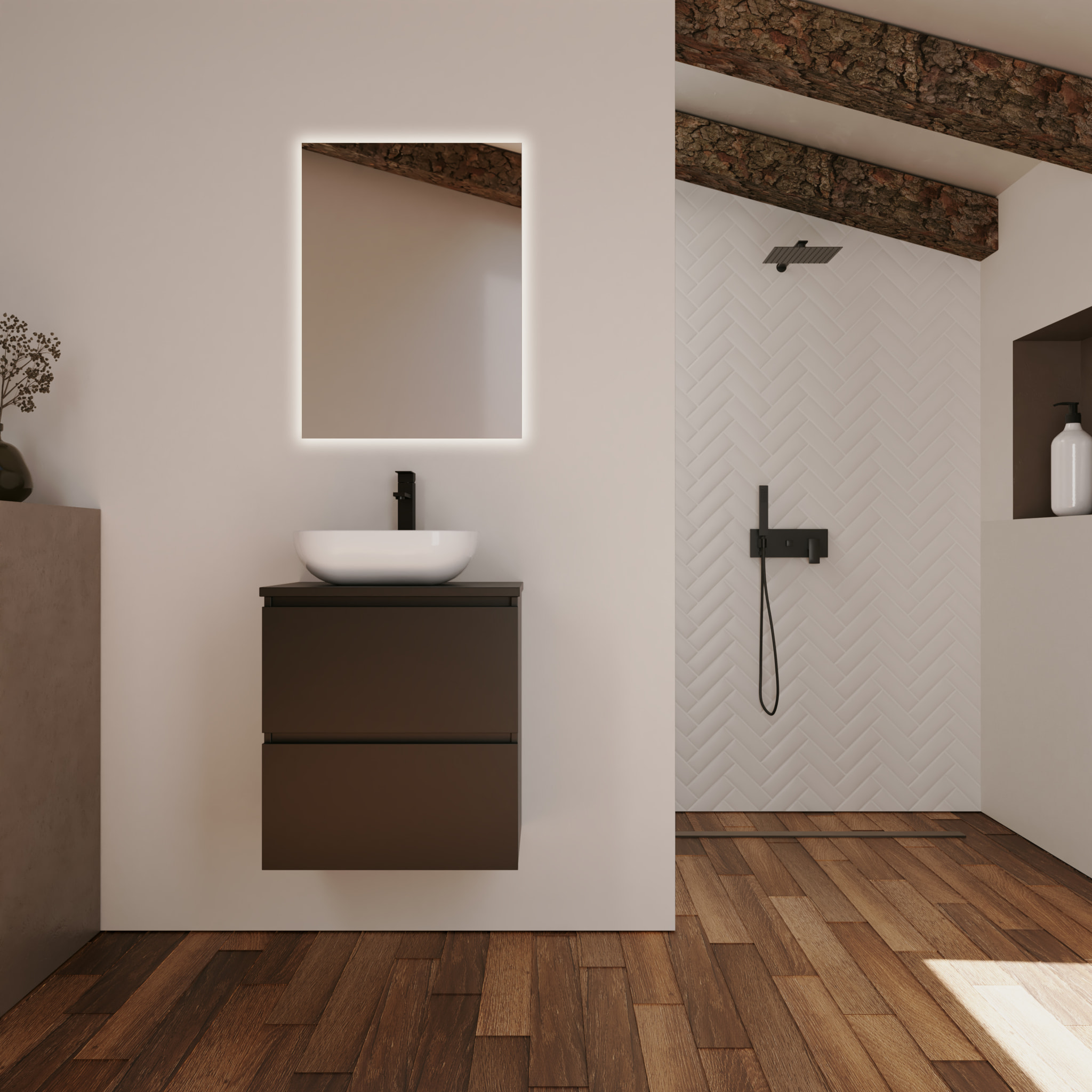 Conjunto de Baño Kaji | Mueble de Baño Suspendido | 60 cm Negro| Dos Cajones | Lavabo Ovalado sobre Encimera | No incluye Espejo | Alday
