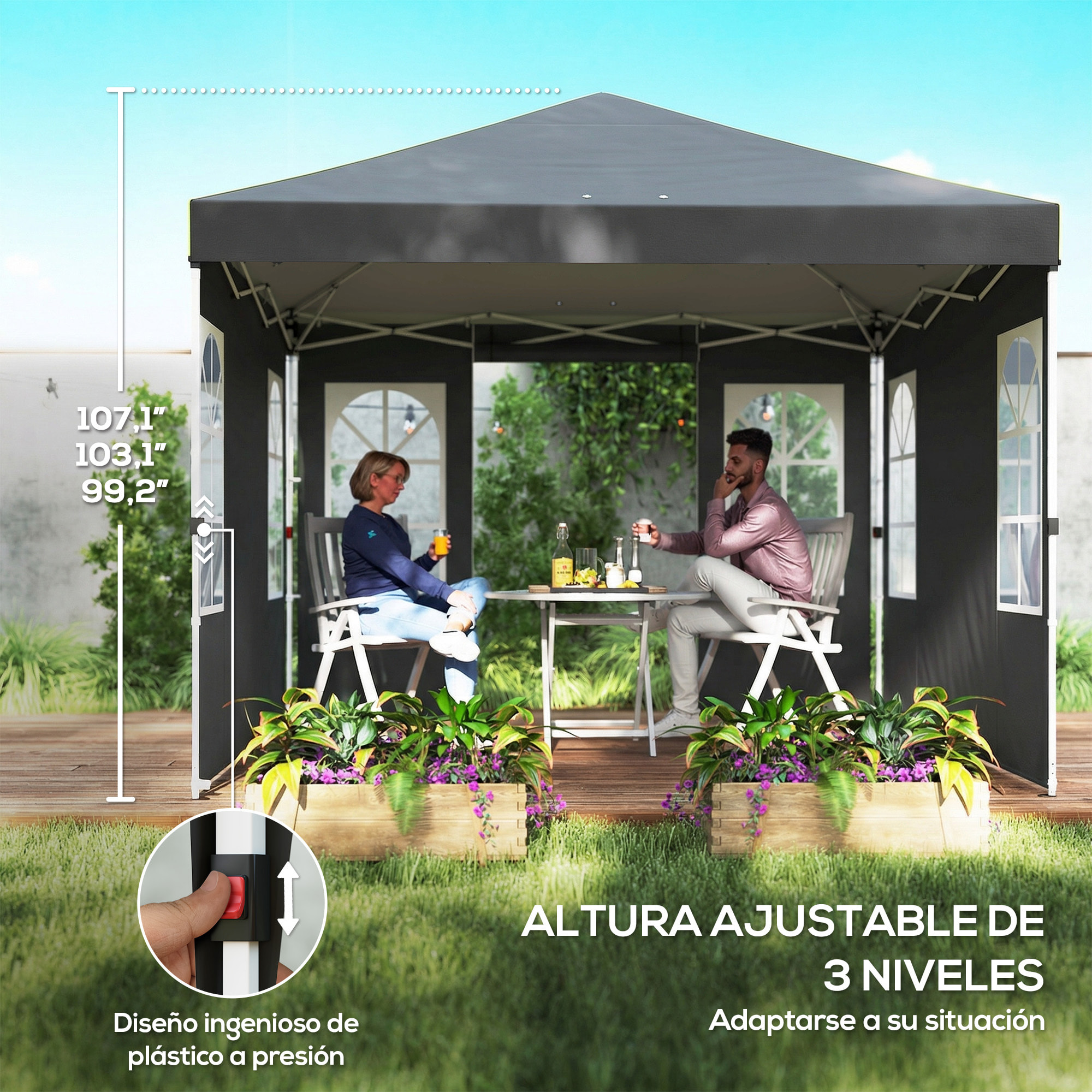 Carpa Plegable 3x3 m, Pop-up, con 4 Laterales Extraíbles, Cenador de Jardín con UPF50+, Bloqueo Central, Altura Ajustable, Bolsa de Transporte, Sacos Arena, Gazebo para Exterior, Gris Oscuro