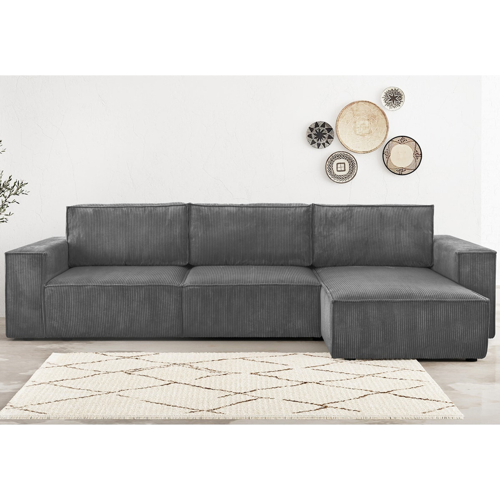 Canapé d'angle convertible 5 places en velours côtelé - HARPER