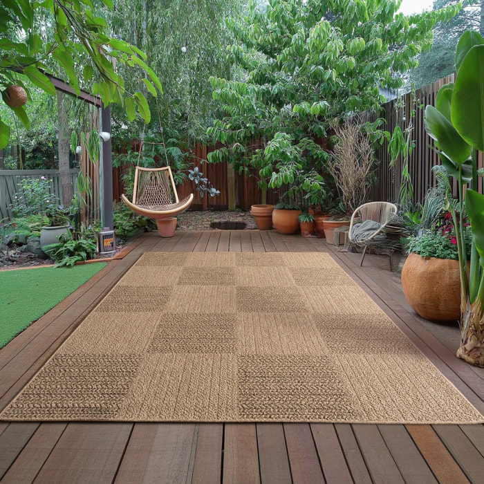 LINORA - Tapis intérieur/extérieur beige effet jute à motif damier