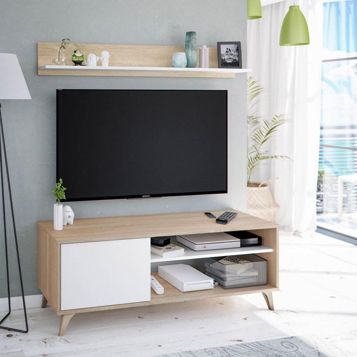 Mueble tv kiko + estante 1p roble/blanco