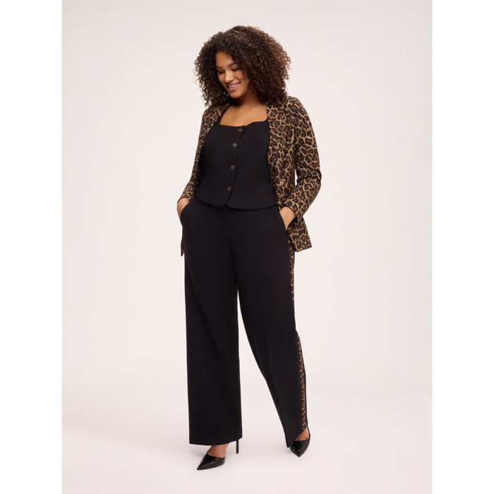 Fiorella Rubino - Pantaloni straight in Punto Milano con banda animalier - Nero