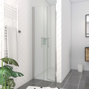Porte de Douche Double Battant 70x200cm - Verre Trempé Transparent 6mm - Profil Chromé