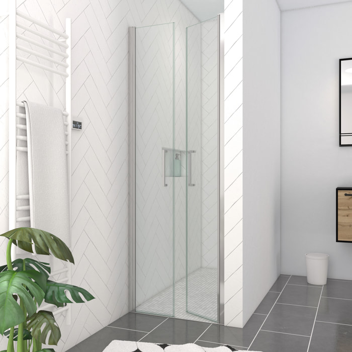Porte de Douche Double Battant 70x200cm - Verre Trempé Transparent 6mm - Profil Chromé