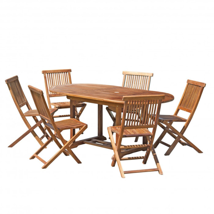 HANNA - SALON DE JARDIN EN BOIS TECK HUILE 4/6 pers : Ensemble de jardin -1 Table ovale extensible 120*180/90 cm et 6 chaises