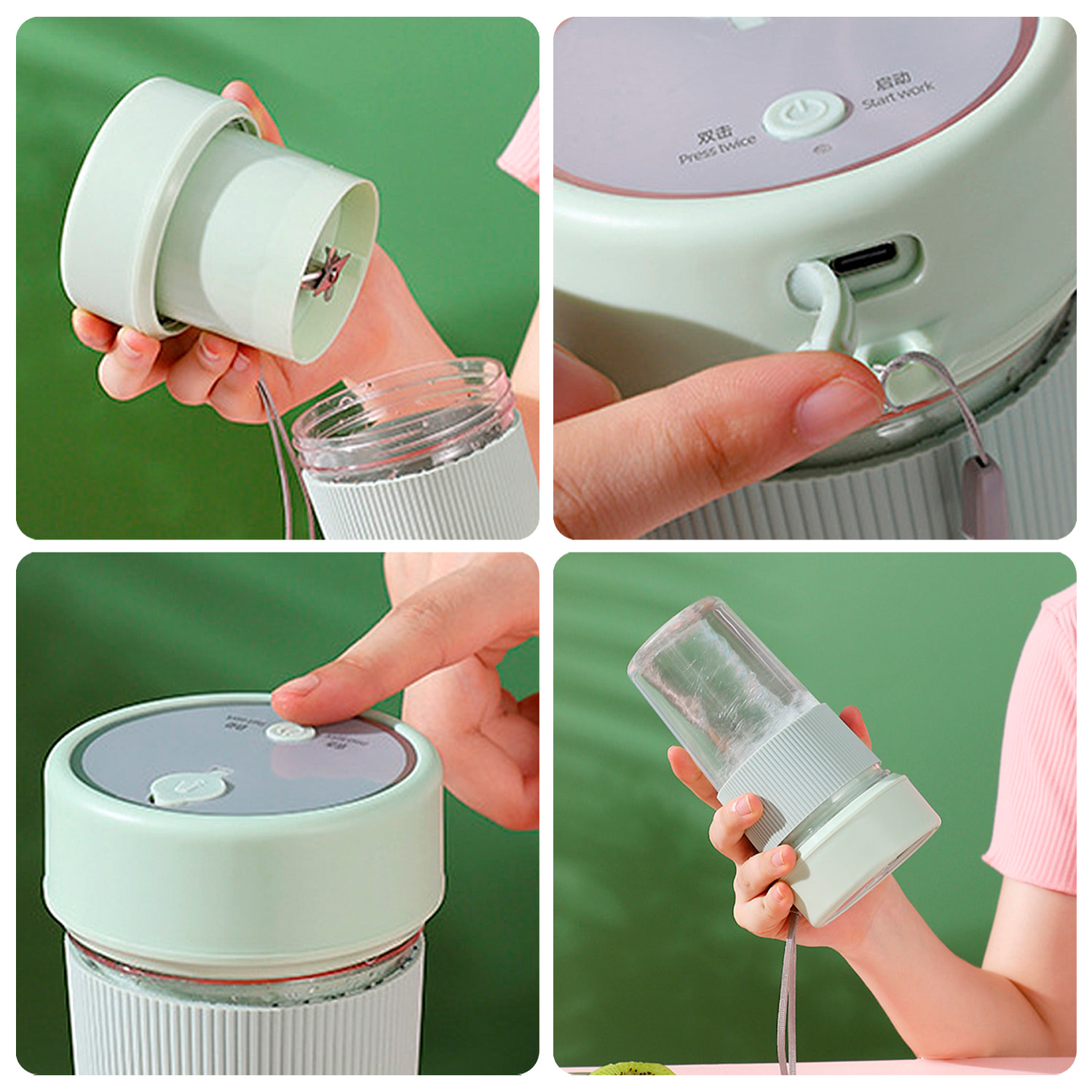 Frullatore portatile multifunzione da 350 ml con 6 lame in acciaio, sicurezza con doppio clic e batteria ricaricabile.