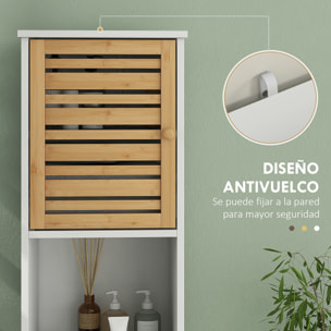 Columna de Baño Moderna Mueble Auxiliar de Baño Armario de Baño con Estantes Ajustables y Puertas de Bambú Anti-vuelco 35x30x170 cm Blanco y Natural