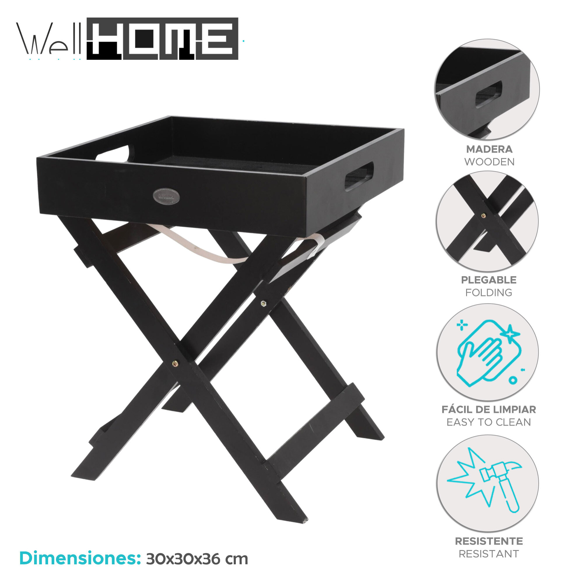 Well home bandeja para servir en madera con patas plegables color negro 30x30x36cm