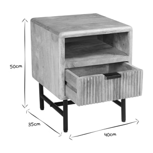 Table de chevet avec rangements bois manguier massif gravé et métal noir MORISSON