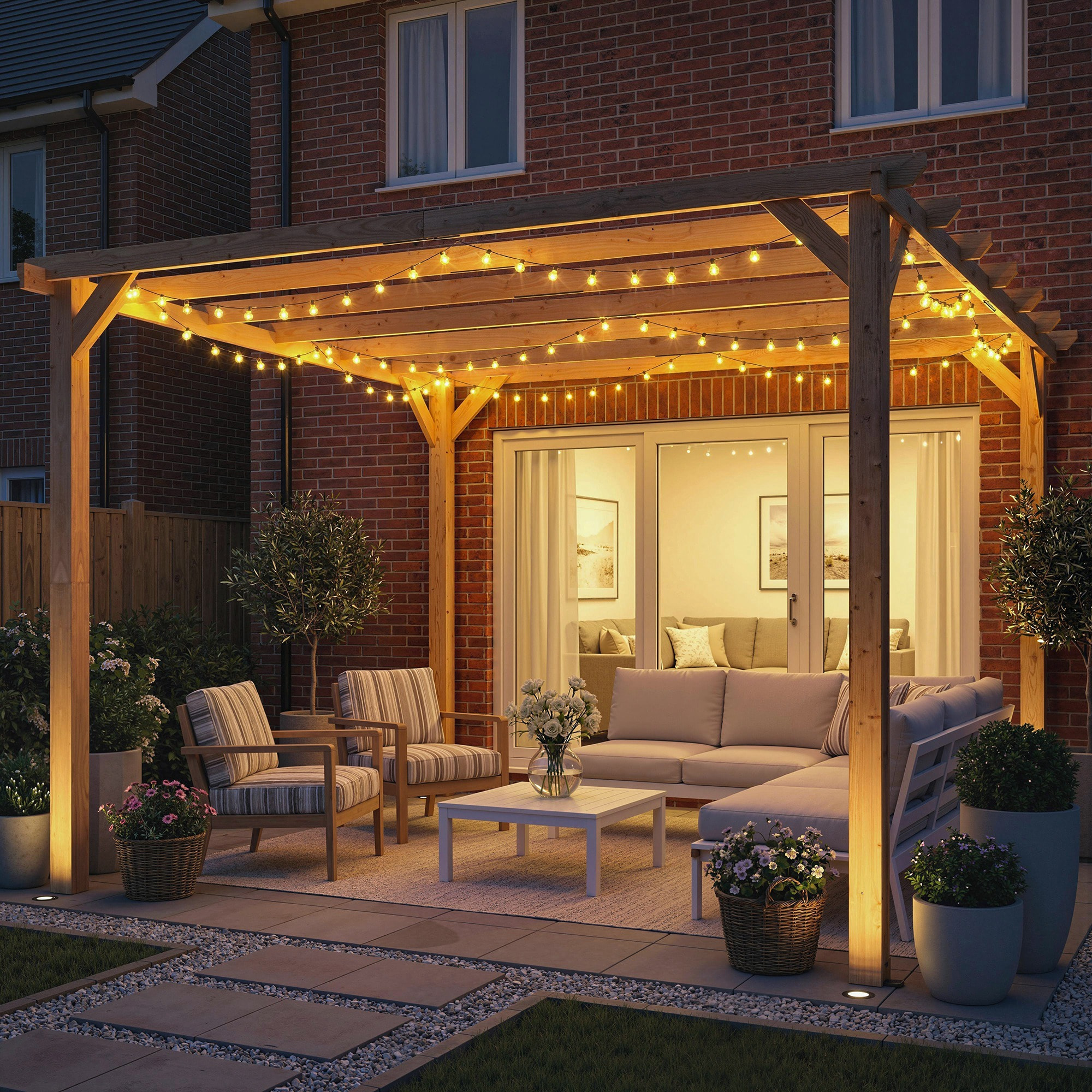 Pergola bois autoportante 9 m² - toit chevrons lattes espacées - bois verni