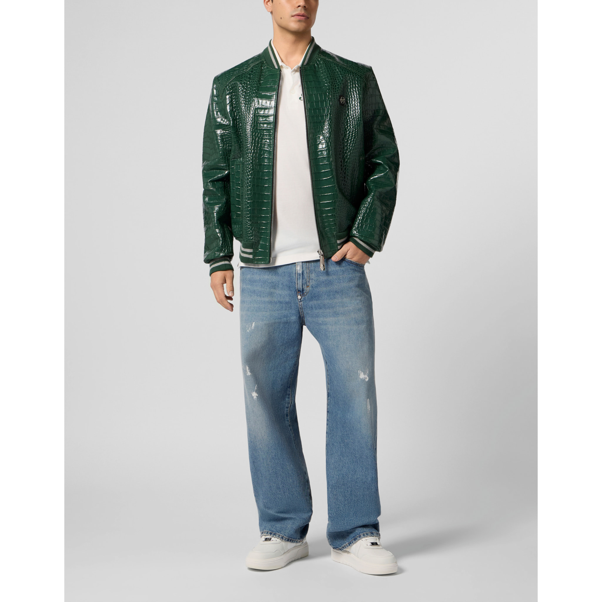 PHILIPP PLEIN Leather Bomber Jacket Cocco