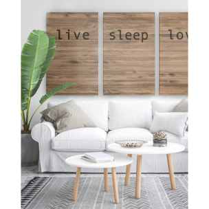 Tête de lit triptyque en bois massif imprimée du motif Live love sleep ton chêne foncé 180x80cm Hauteur: 80 Longueur: 180 Largeur: 4.2