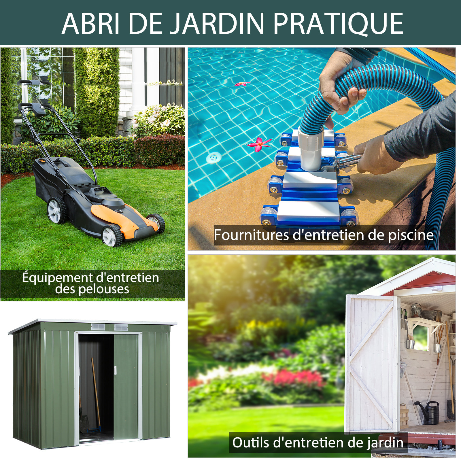 Abri de jardin - remise pour outils - fondation incluse - cabanon 2 portes coulissantes verrouillables - dim. 213L x 130l x 173H cm - tôle d'acier vert