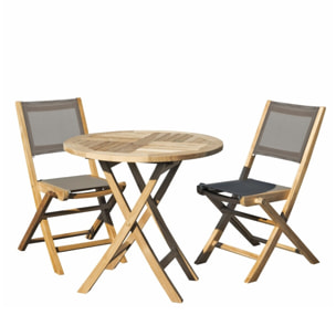 FUN - SALON DE JARDIN EN BOIS TECK 2 pers - Ensemble de jardin - 1 Table ronde pliante 80 cm et 2 chaises textilène taupe