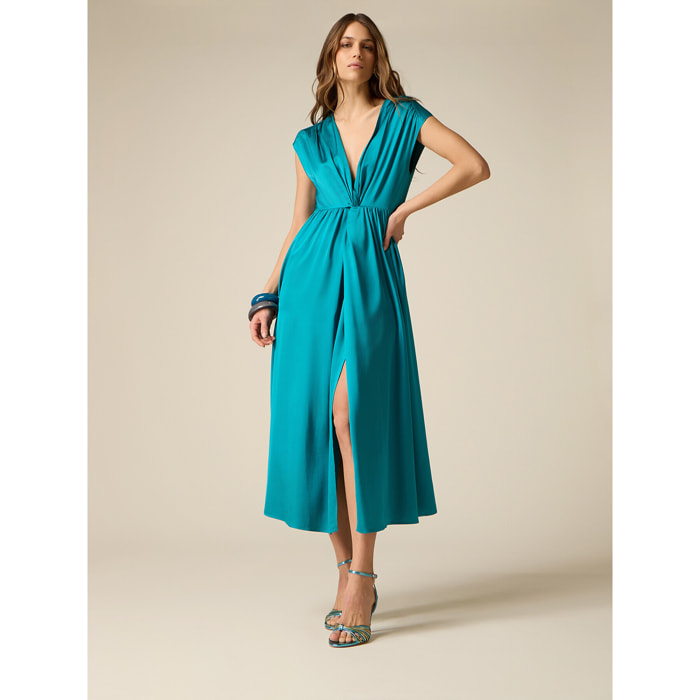 Oltre - Vestido de satén de viscosa con abertura - Petrol Blue