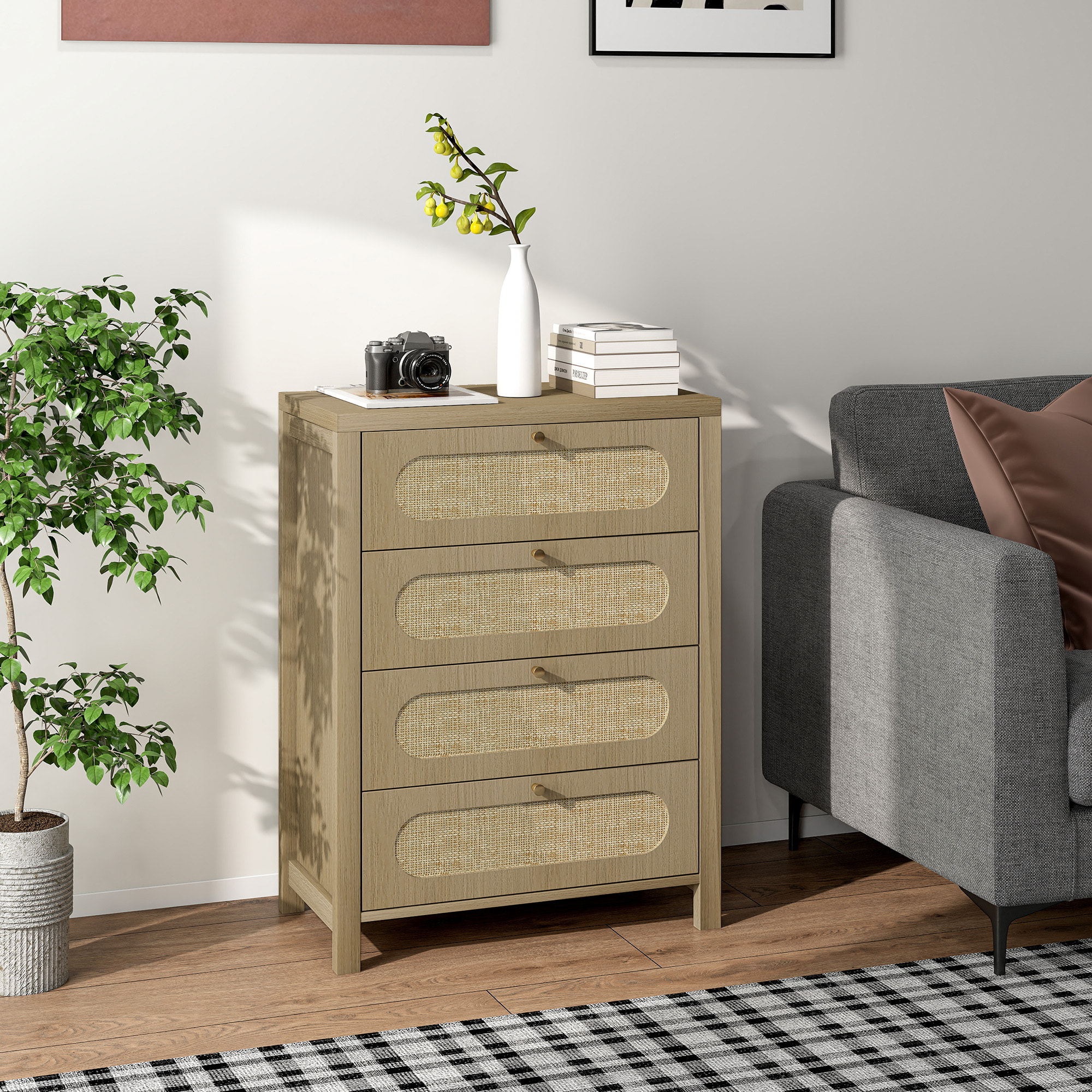 Commode 4 tiroirs style bohème effet rotin poignées métal doré 70 x 38 x 93 cm effet bois naturel