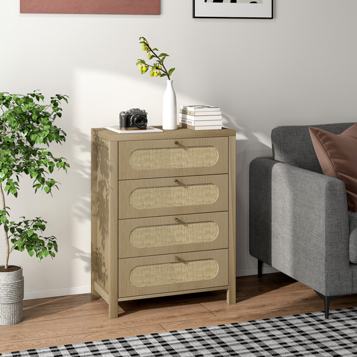 Commode 4 tiroirs style bohème effet rotin poignées métal doré 70 x 38 x 93 cm effet bois naturel