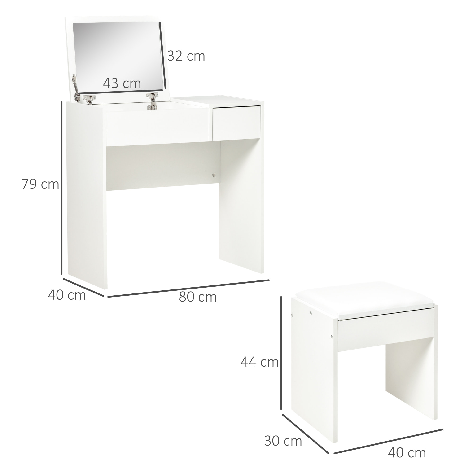 Coiffeuse table de maquillage design contemporain 80L x 40l x 79H cm miroir escamotable, tiroir, coffre + tabouret blanc