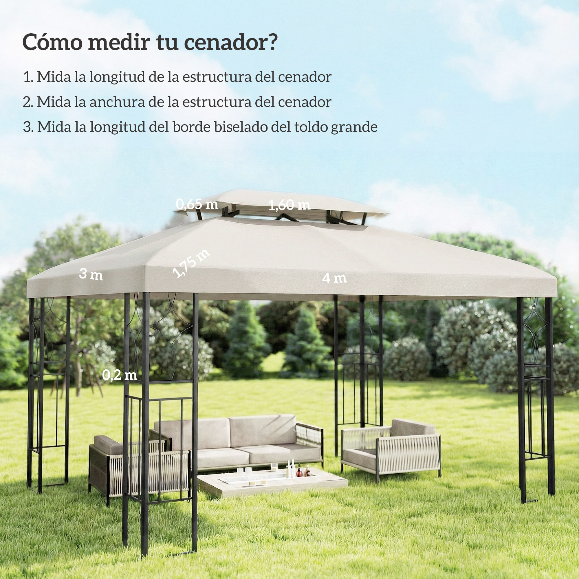 Techo de Repuesto para Cenador, 4x3 m, Cubierta de Repuesto con Techo Doble, 10 Orificios de Drenaje y Protección UV, SOLO Toldo de Recambio para Pabellón Gazebo, Blanco Crema