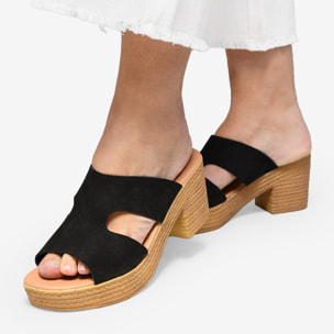 Sandalias de piel negras con tacón efecto esparto
