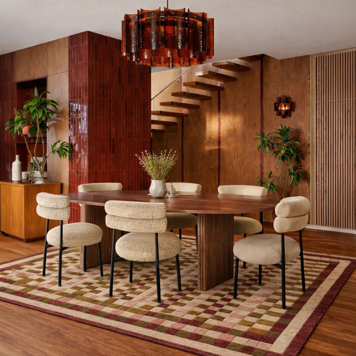Ensemble table ovale effet noyer et 6 chaises en tweed beige GINA