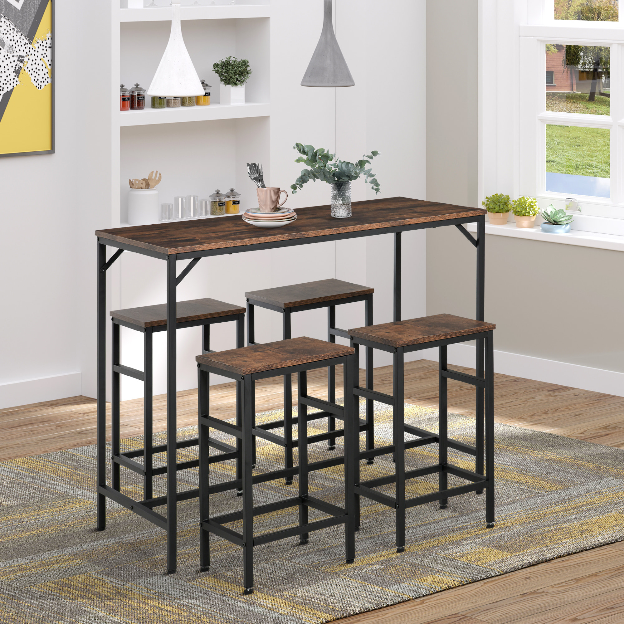 Ensemble table de bar 4 tabourets design industriel métal noir aspect bois
