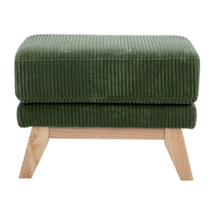Pouf repose-pieds déhoussable scandinave en tissu velours côtelé vert kaki et bois clair OSLO