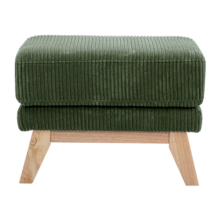 Pouf repose-pieds déhoussable scandinave en tissu velours côtelé vert kaki et bois clair OSLO