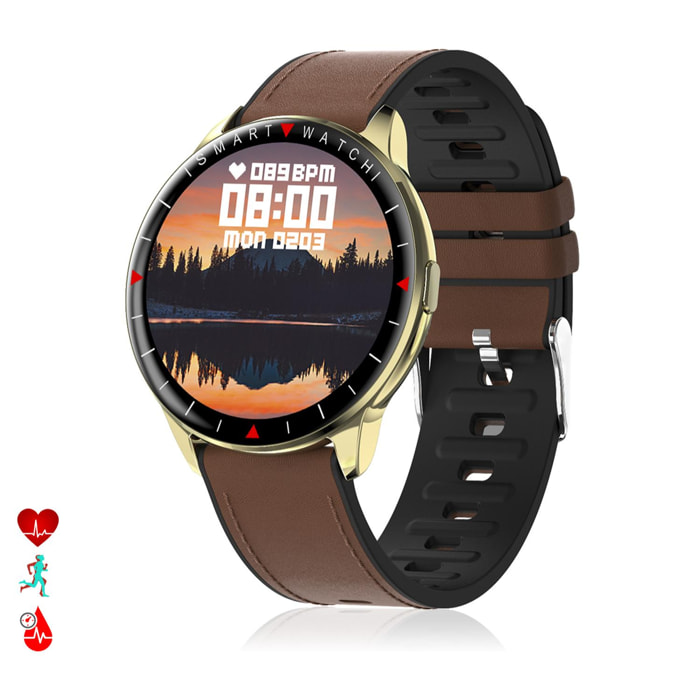 Smartwatch Y90 con 8 modalità sportive, O2 e monitor della pressione sanguigna. Notifiche con messaggio sullo schermo. Cinturino in pelle.