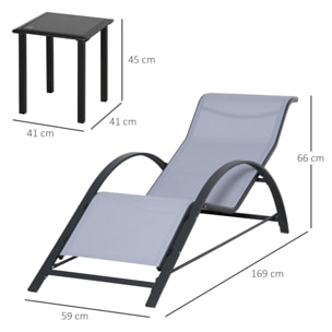 2 Tumbonas de Jardín 59x169x66 cm con Mesa de Café 41x41x45 cm de Vidrio Templado Reposabrazos para Patio Piscina Terraza Aire Libre Gris