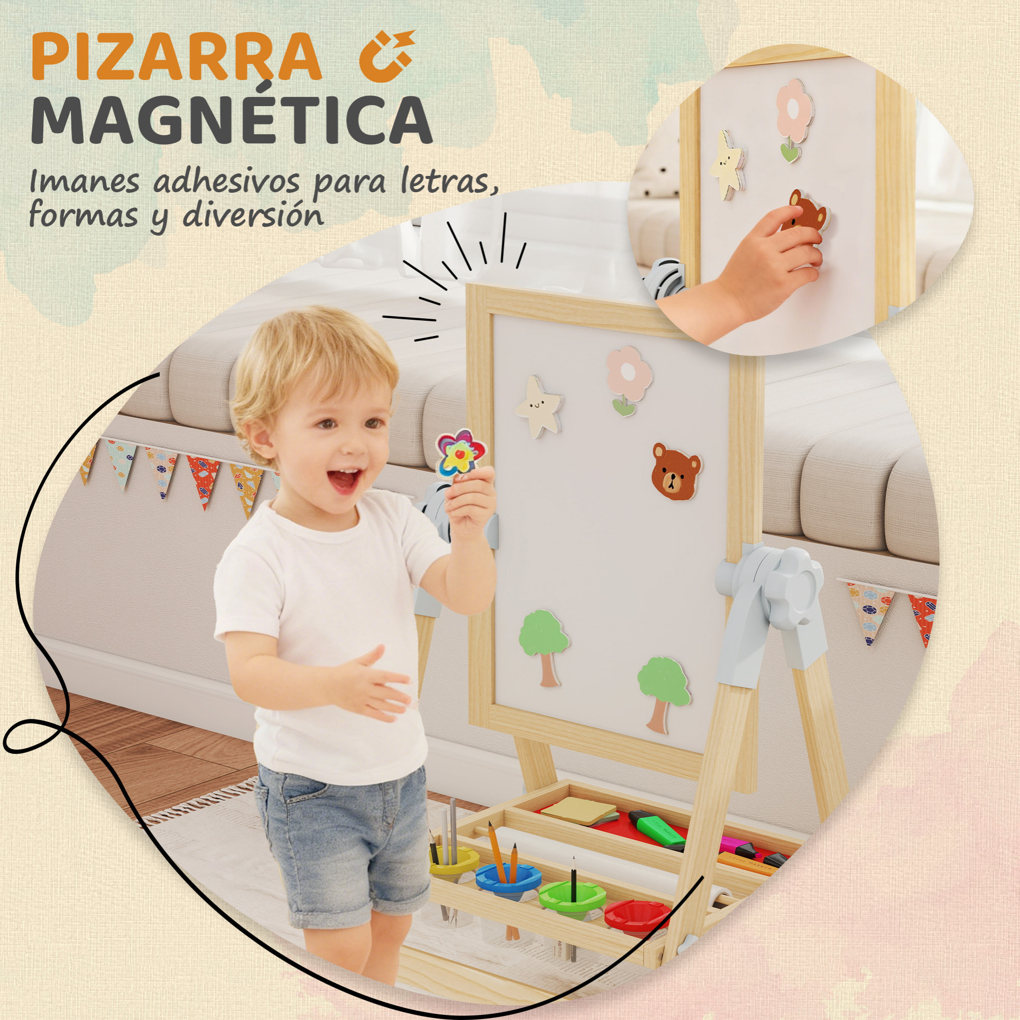 Pizarra Infantil Caballete, Altura y Ángulo Ajustable, Caballete de Madera de Doble Cara, Pizarra Blanca Magnética y de Tiza, Rollo de Papel y Bandeja, para Niños 3-6 Años, 48,5x46,5x70-97 cm