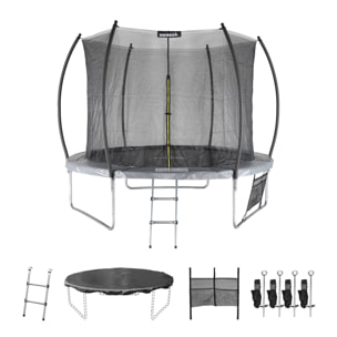 Trampoline Ø 305cm - Mars Inner XXL- trampoline de jardin gris avec filet de protection intérieur. échelle. bâche. filet pour chaussures et kit d'ancrage 3.05m 305cm