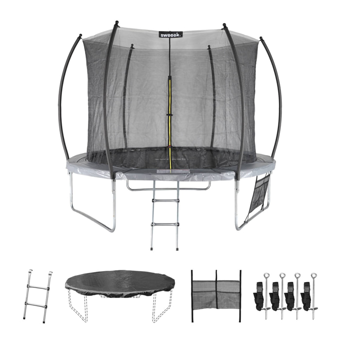 Trampoline Ø 305cm - Mars Inner XXL- trampoline de jardin gris avec filet de protection intérieur. échelle. bâche. filet pour chaussures et kit d'ancrage 3.05m 305cm