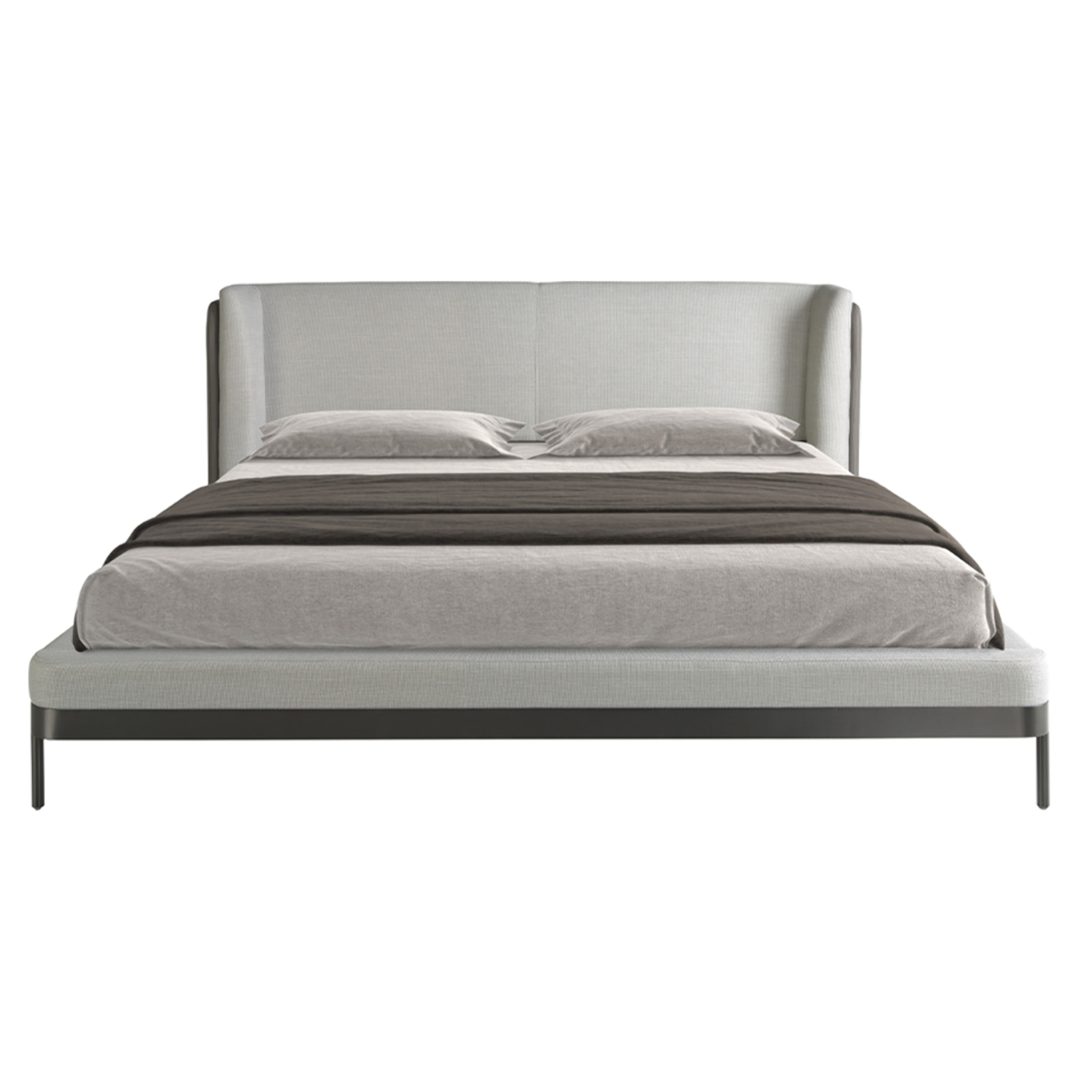 Cama Angel Cerdá de matrimonio con un cabecero y estructura en tela en gris claro y patas de acero inoxidable pulido oscurecido 218x229x105cm