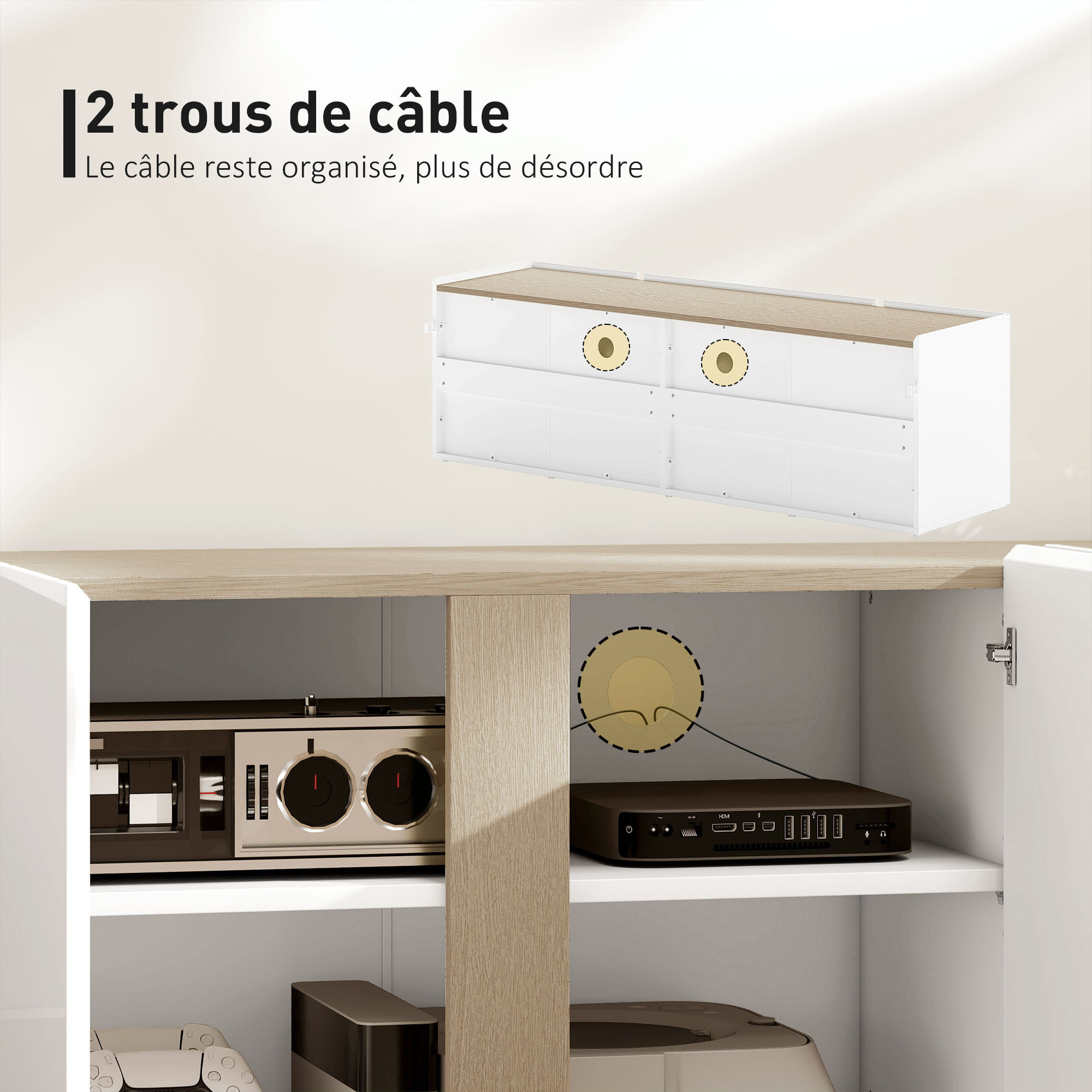 Meuble TV 135 cm, meuble télé pour téléviseur jusqu'à 65 pouces avec 4 portes à fermeture amortie, étagère réglable et passe-câbles, banc TV pour salon, chambre à coucher, blanc