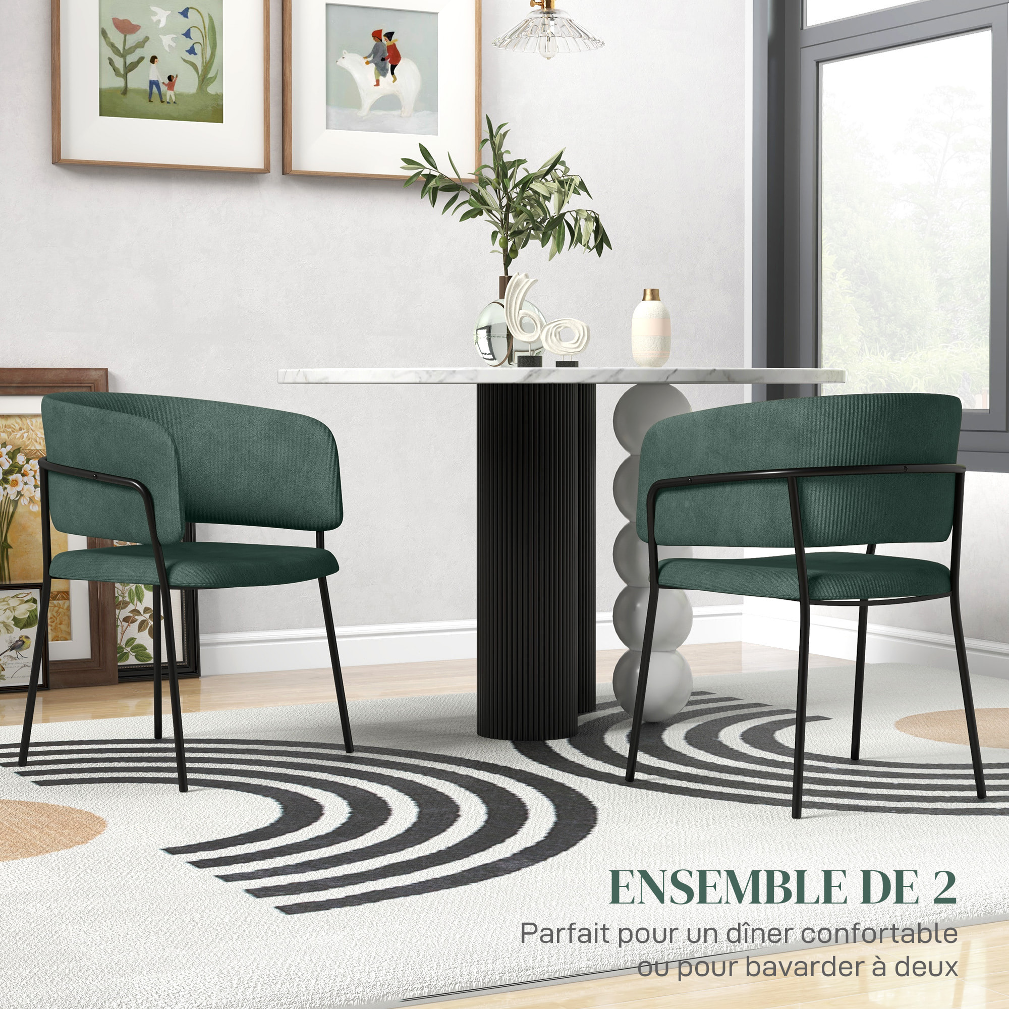 Lot de 2 chaises design piètement acier noir aspect velours vert