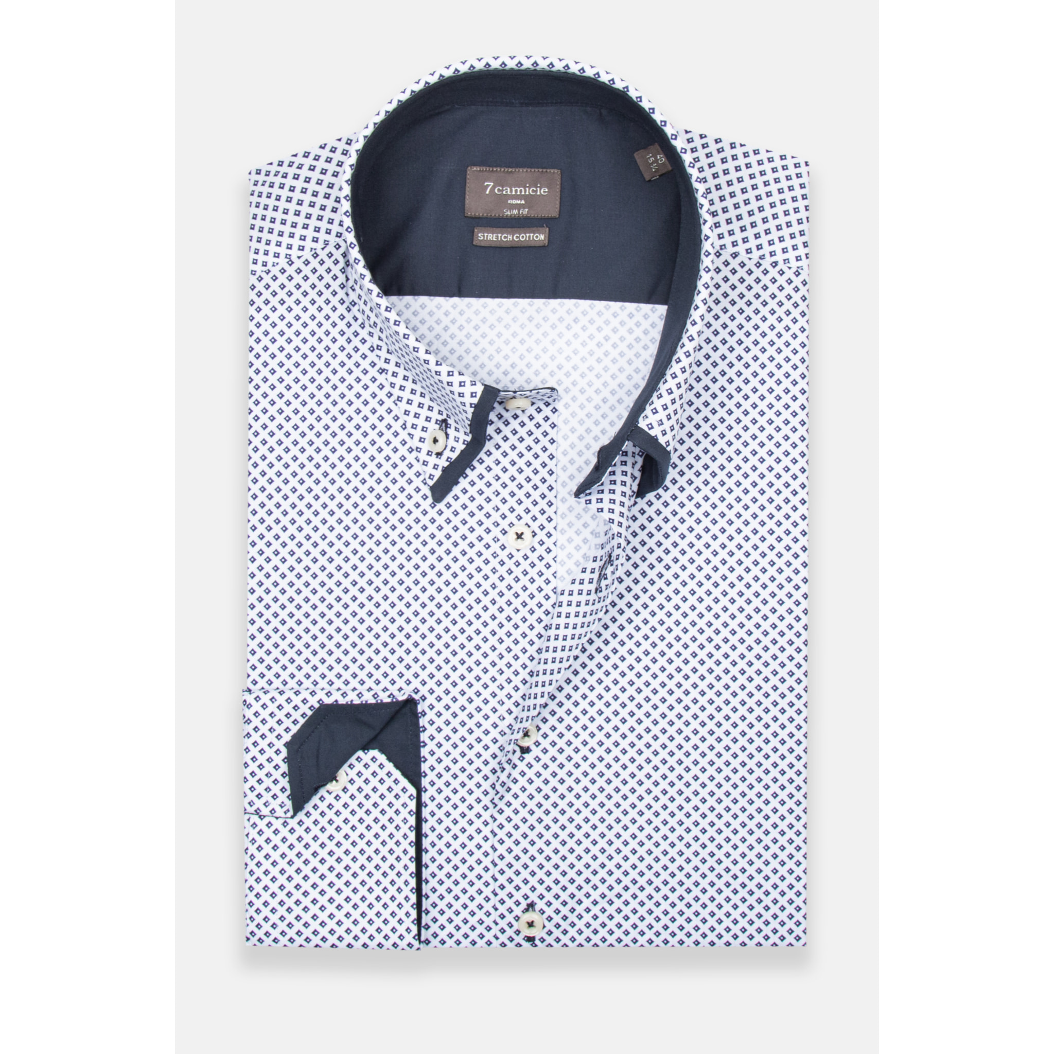 Camicia Uomo 2 Bottoni Button Down Doppio Coll Popeline Stretch Stampato Bianco e Blu