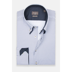 Camicia Uomo 2 Bottoni Button Down Doppio Coll Popeline Stretch Stampato Bianco e Blu