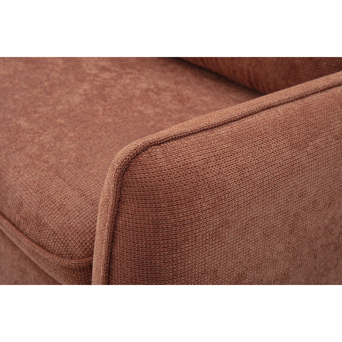 Canapé d'angle convertible réversible avec coffre 3 places en tissu chenille terre brûlée et bois clair ORSO