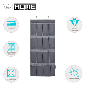 Well home organizador de puertas con 16 casillas y 3 ganchos de metal - gris oscuro